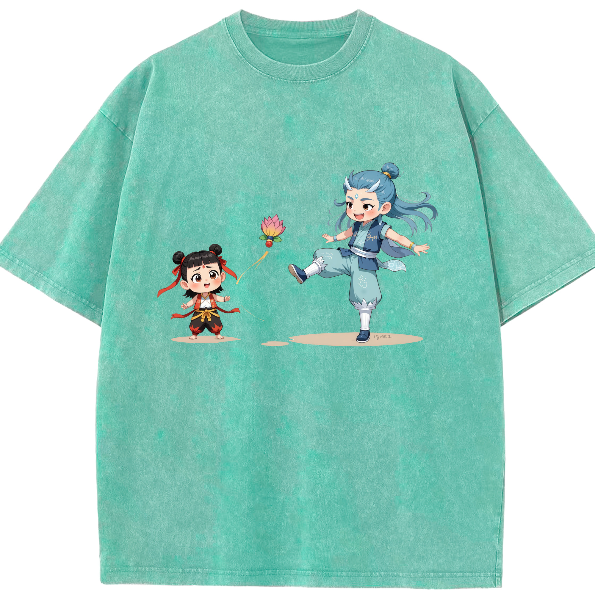 （画像用） Ne Zha 2 ナタ 魔童の大暴れ 綿100% ヴィンテージ風 半袖Tシャツ（フロントプリント）